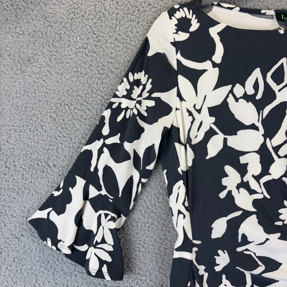 Ralph Lauren Sheath Dress Gray Floral Ruched Stretch V Neck Artsy Classic Career - Picture 2 of 10